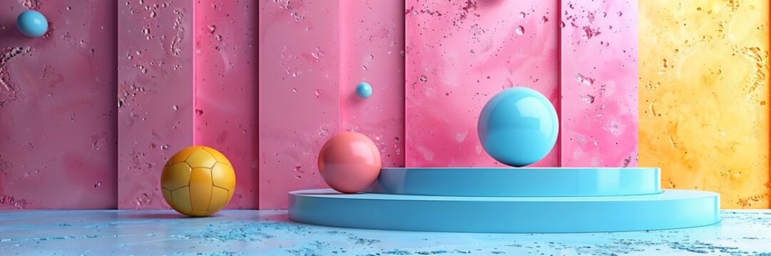 Vibrant 3D podium on a pastel stage, ideal for attracting attention to sports equipment