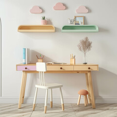 Transform your designs with this high-resolution image showcasing a wooden desk and chair in a kids' room, with a focus on minimalistic interior design. Explore AI generative possibilities.