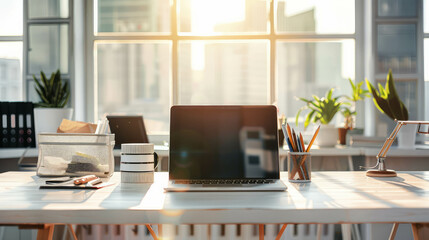 Elevate your designs with this cinematic photograph showcasing a wooden white table, laptop, and office material in a bright, sunny afternoon office. Explore AI generative .