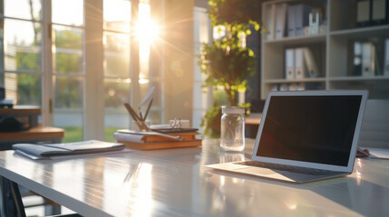 Elevate your designs with this cinematic photograph showcasing a wooden white table, laptop, and office material in a bright, sunny afternoon office. Explore AI generative . - obrazy, fototapety, plakaty