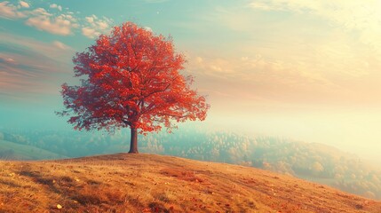 Majestic beech tree on a hill. Dramatic morning scene. Red and yellow leaves. Beauty world. Retro and vintage style. Instagram toning effect. Flip canvas vertical. Double exposure effect.