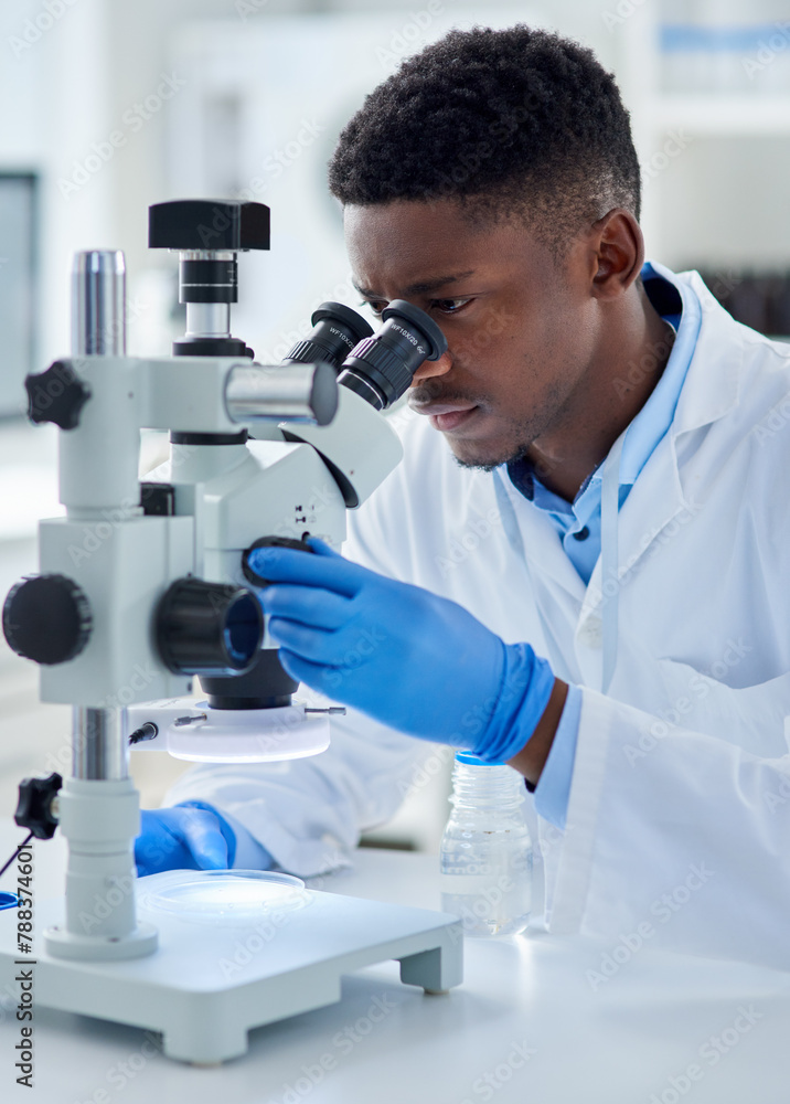 Aufkleber black man, scientist and microscope in lab with analysis for test sample, experiment and dna pattern