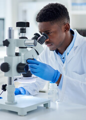 Black man, scientist and microscope in lab with analysis for test sample, experiment and dna...