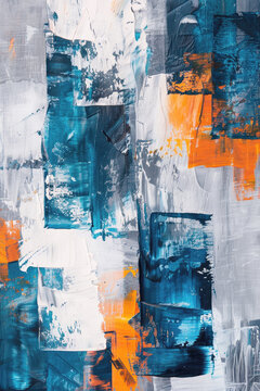 Abstract minimalistic background design for wall decoration, poster, card, using blue and orange paints. Contemporary art, oil painting.