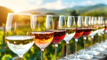 Fotobehang Winetasting event on summer patio, vineyard in the background, warm sunny weather © Kondor83