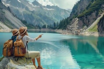 A young couple sitting on a stone with backpacks and pointing at a beautiful turquoise lake surrounded by mountains