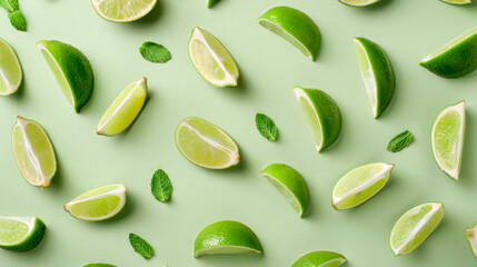 Seamless flat lay background with limes and mint on light green background