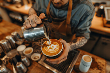 A barista crafting latte art, focused and precise, isolated on a creamy espresso brown background, celebrating coffee culture  - obrazy, fototapety, plakaty