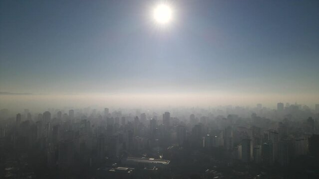 Aerial view of SAO PAULO city, cloudy morning with fogs, drone shot, 
This image is perfect for projects related to events, travel and tourism.