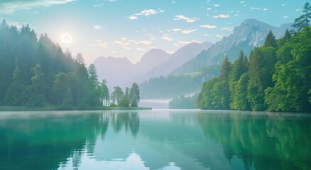 Beautiful morning view of the serene turquoise lake - obrazy, fototapety, plakaty