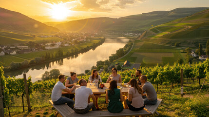 People having dinner and talking at the vineyard, summer scene - obrazy, fototapety, plakaty