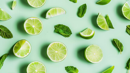 Seamless flat lay background with limes and mint on light green background