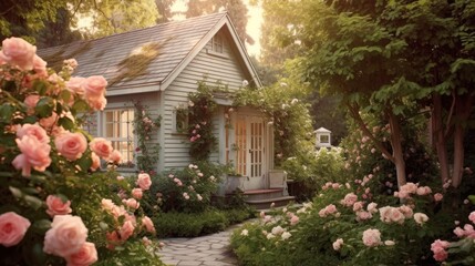 Fototapeta na wymiar A cottage with a peach-colored exterior and a garden AI generated