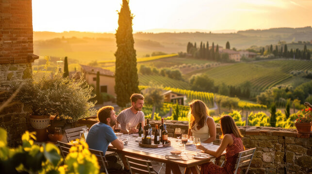People having dinner and talking at the vineyard, summer scene
