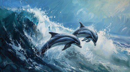 Graceful dolphins leaping joyfully through sparkling ocean waves, conveying the beauty of marine life