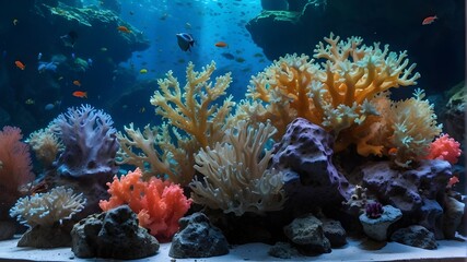 Fototapeta na wymiar marine aquarium corals. Under the environment of the deep, dark sea, there is reef color and flower-shaped sea living coral.