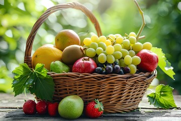 A basket of fruit sitting on top of a wooden table