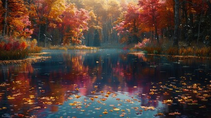 A serene woodland pond is surrounded by a riot of colorful autumn foliage, its surface reflecting the vibrant hues of the trees above. Dragonflies flit above the water, while frogs croak contentedly 