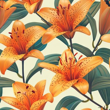 orange lilies illustration floral pattern backdrop. ai generated