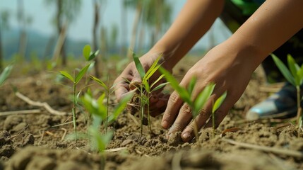 Hands planting young bamboo saplings in a barren landscape, fostering hope for a greener future - obrazy, fototapety, plakaty