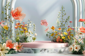 bouquet of flowers on ping pastel platform, product display