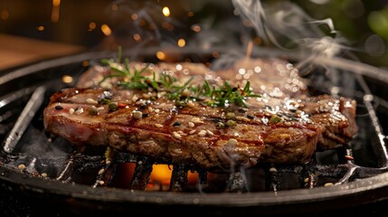 Juicy pork steak sizzling on a hot grill, emitting savory aromas