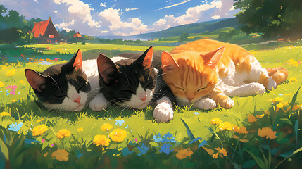 Sunlit Feline Meadow
As the sun's golden rays embrace the day, tranquil cats lounge amidst a vibrant meadow, radiating peace in nature's lap. - obrazy, fototapety, plakaty