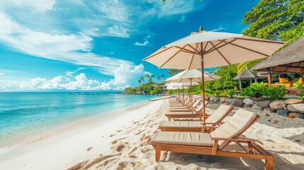 luxurious beach resort with lounge chairs and umbrellas overlooking the ocean - obrazy, fototapety, plakaty