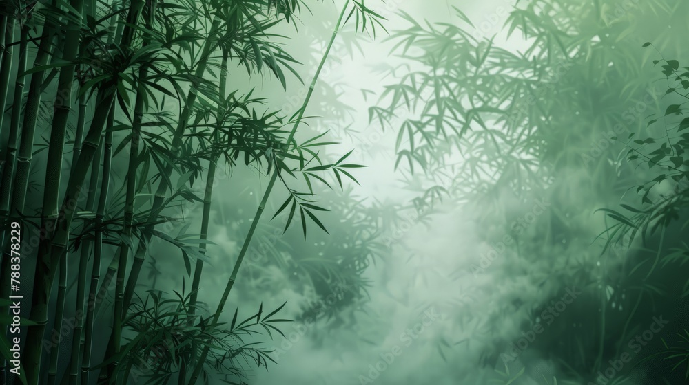 Poster mystical fog rolling through dense bamboo thickets, creating an ethereal atmosphere in the forest