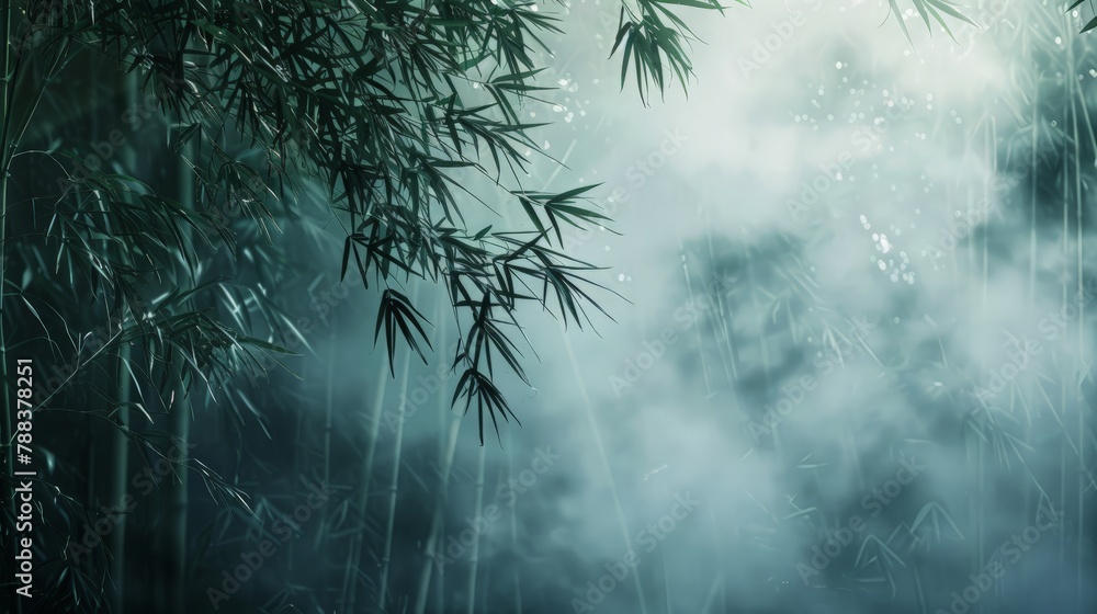 Poster mystical fog rolling through dense bamboo thickets, creating an ethereal atmosphere in the forest