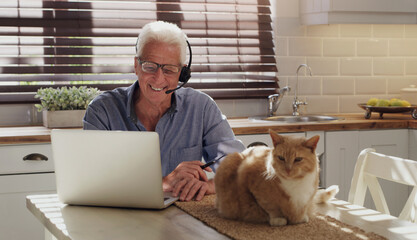 Laptop, pet and man with headset in home with customer service consultation for online crm....