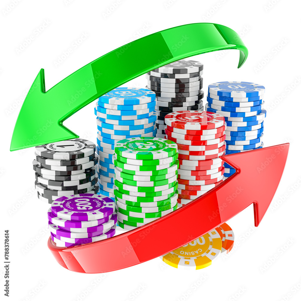 Poster casino tokens with green and red arrows around. 3d rendering isolated on transparent background