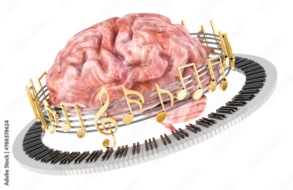 Poster brain with piano keyboard and musical notes around, music concept. 3d rendering isolated on transpar