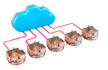Computer cloud with houses. Internet connection concept. 3D rendering isolated on transparent background