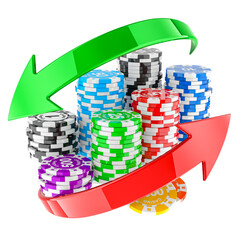 Casino Tokens with green and red arrows around. 3d rendering isolated on transparent background - 788378614
