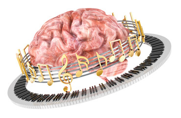 Brain with piano keyboard and musical notes around, music concept. 3D rendering isolated on transparent background - 788378624