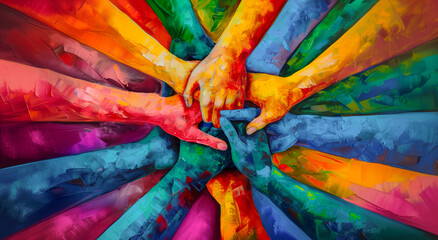 Diverse team support concept of holding hands together. Communication and support of strong diverse network team colourful illustration of empowerment from abuse