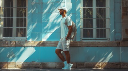 Naklejka premium white guy wearing shorts and a cap at the city