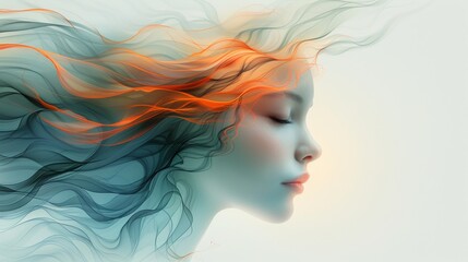 Fototapeta na wymiar Surreal illustration of a woman's face with smooth curves and airy waves of hair.