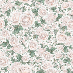 Light pink roses seamless pattern. Light cream roses arrangement. collection garden flowers and leaves. watercolor hand painting illustration on isolate background. For wedding invitations