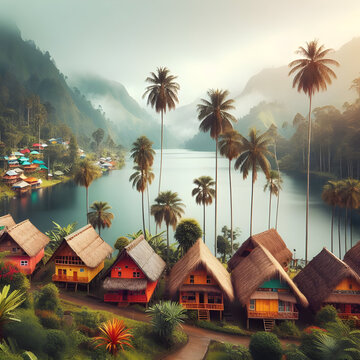 A picture of a tropical island with a sunset and a house on the water.
