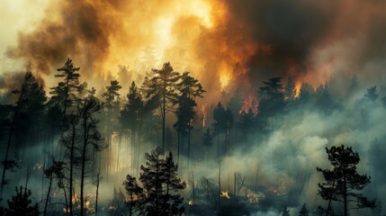 Smoke billowing ominously from a burning forest, underscoring the environmental impact of wildfires - obrazy, fototapety, plakaty