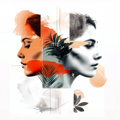 Double exposure portrait of beautiful young woman and man combined with tropical leaves.