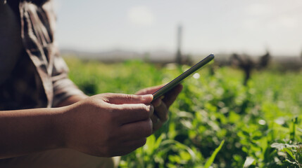 Person, hands and agriculture with tablet for research, monitoring vegetation or plants on farm. Closeup of farmer with technology for data, production or farming for fresh produce or natural growth