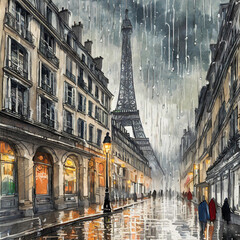 비가오는 낭만적인 파리의 거리입니다. - obrazy, fototapety, plakaty
