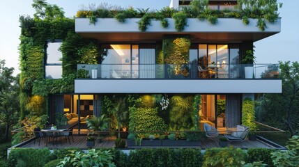 modern residential building with green plant walls. Sustainable living, ecology and green urban environment