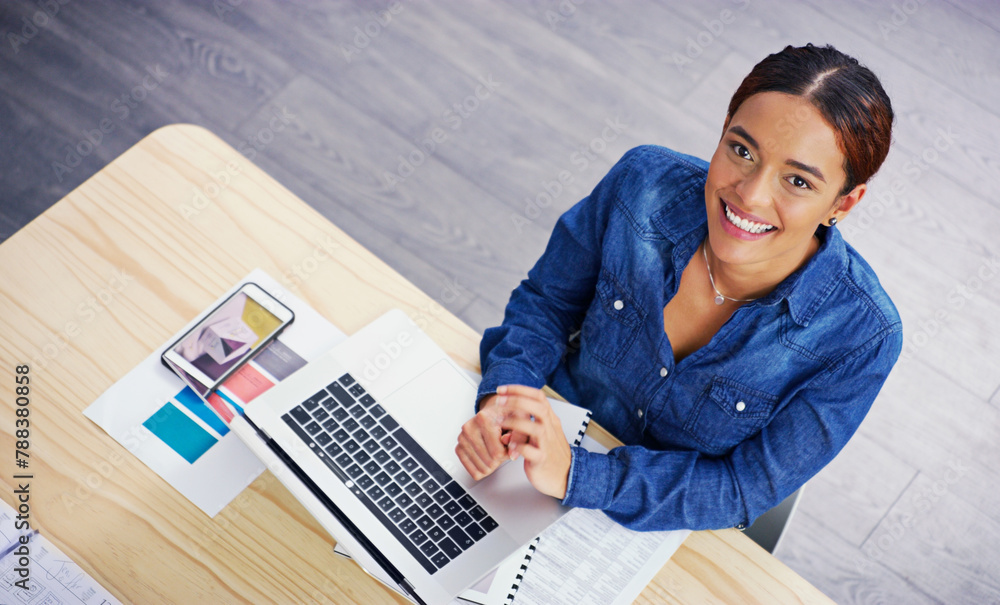 Poster Portrait, African woman and laptop by table for top view, coding and creative agency with online software. Tech, black designer and keyboard in office with website testing and layout for seo project