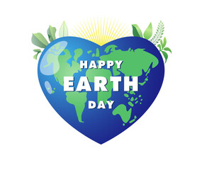 Happy Earth Day creative greeting card. Social network timeline post. 3D planet heart, Sun and plants. Save the Earth poster idea. Symbol of Mother Earth. Cute icon. Environmental logo template.