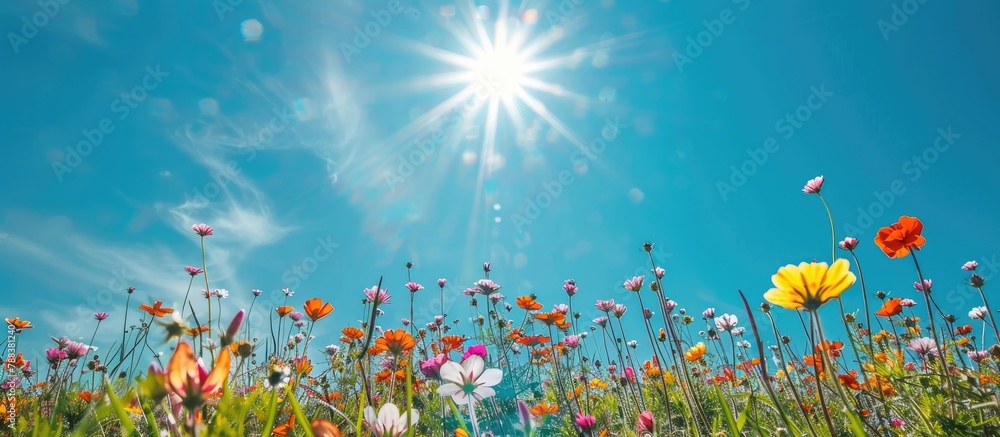 Canvas Prints Field of flowers, clear blue sky, and shining sun.