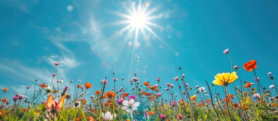 Fototapeta na wymiar Field of flowers, clear blue sky, and shining sun.